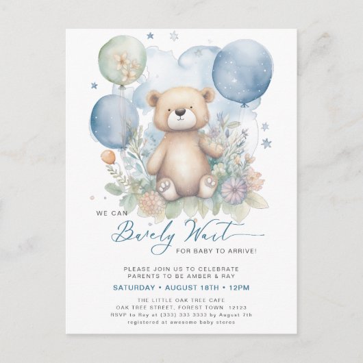 Blauw We kunnen bijna wachten schattig jongen Baby Uitnodiging Briefkaart (Voorkant)