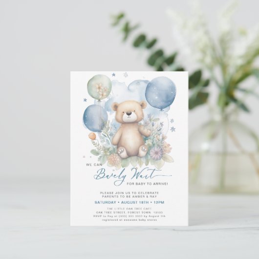 Blauw We kunnen bijna wachten schattig jongen Baby Uitnodiging Briefkaart (Staand voorkant)