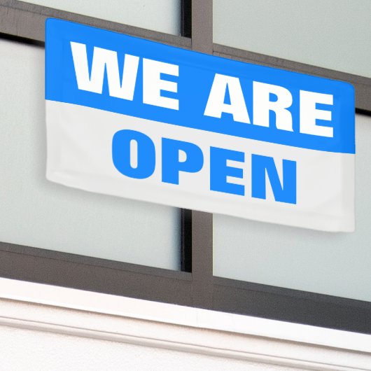 blauw we zijn open sjabloon business banner teken (Buitenkant Gebouw)