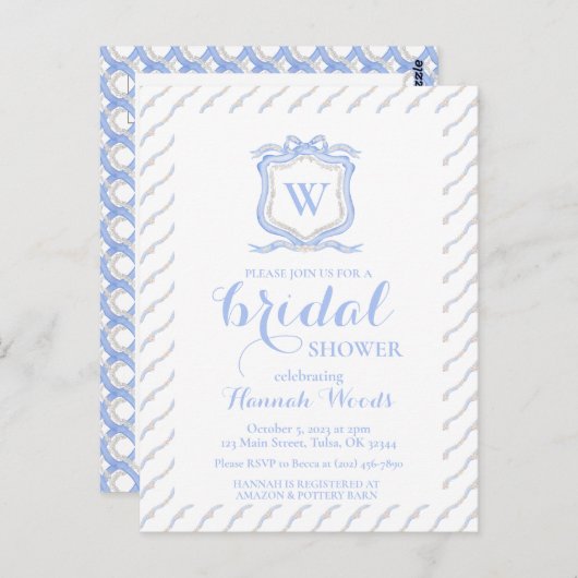 Blauw Wedgwood Monogram Crest Grandmillenial Briefkaart (Voorkant / Achterkant)