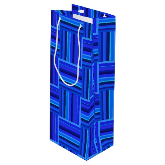 Blauw weefpatroon wijn cadeautas (Voorkant Gekanteld)