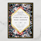 Blauw weelde & stoffig Roos Bloemen Goud Bruiloft Folie Uitnodiging (Voorkant)