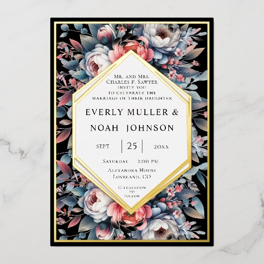 Blauw weelde & stoffig Roos Bloemen Goud Bruiloft Folie Uitnodiging (Voorkant)