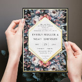 Blauw weelde & stoffig Roos Bloemen Goud Bruiloft Folie Uitnodiging