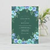 Blauw Weelderig Bloemstuk Bruiloft Kaart (Staand voorkant)