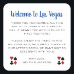 Blauw Welkom bij Las Vegas Wedding Welcome Basket Vierkante Sticker<br><div class="desc">Trouwen in Las Vegas? Deze marineblauwe en witte welkomstgeschenk stickers zouden een perfecte aanvulling zijn op de welkomstmand van uw gast in hun hotel. Personaliseer met je eigen oprechte tekst.</div>