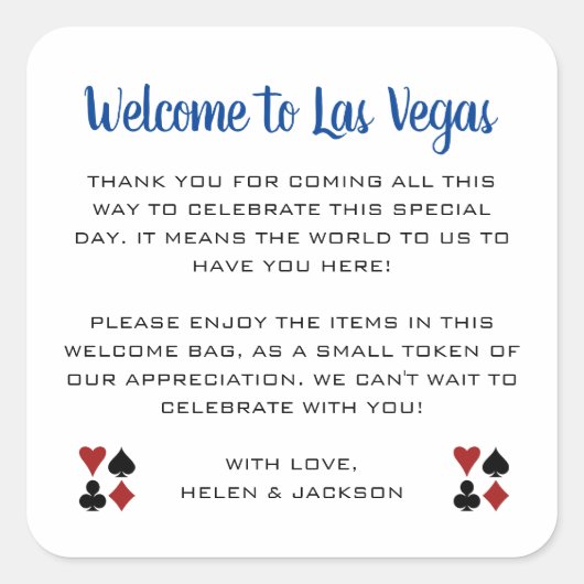 Blauw Welkom bij Las Vegas Wedding Welcome Basket Vierkante Sticker (Voorkant)