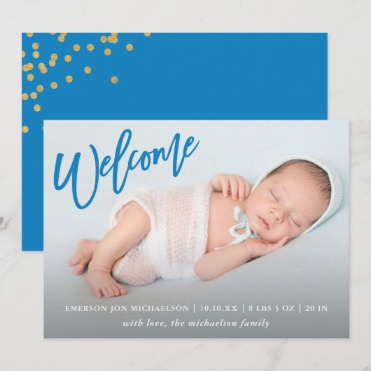 Blauw Welkom Faux Gold Confetti Baby Boy Geboorte Aankondiging (Voorkant / Achterkant)