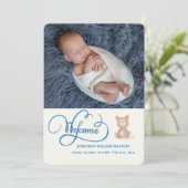 Blauw Welkom Kalligrafie Geboorte Aankondiging (Staand voorkant)