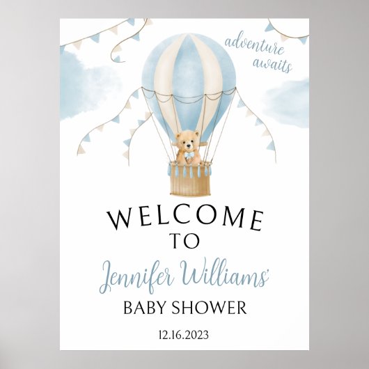 Blauw welkomstbord voor teddybeer-ballonnen-babyfe poster (Voorkant)