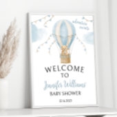 Blauw welkomstbord voor teddybeer-ballonnen-babyfe poster