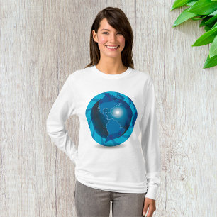 Blauw Wereldbol Vrouwen Lange Sleeve T-shirt