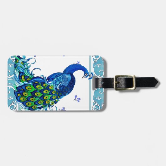 Blauw wervelrand en ontwerp van pacock bagagelabel (Voorkant horizontaal)