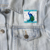 Blauw wervelrand en ontwerp van pacock vierkante button 5,1 cm (In situ)
