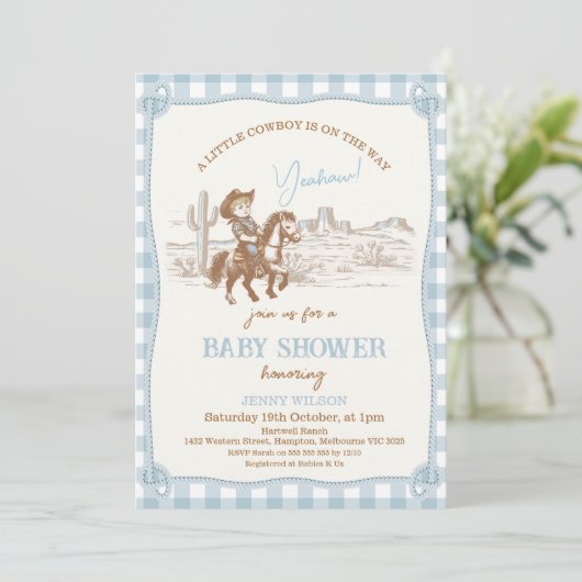  Blauw Western Kleine Cowboy Baby shower Kaart (Staand voorkant)