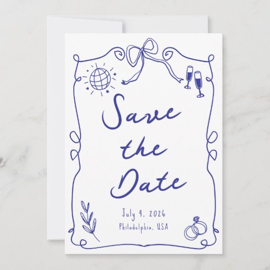 Blauw Whimsical Fun Quirky Hand getrokken bruiloft Save The Date (Voorkant)