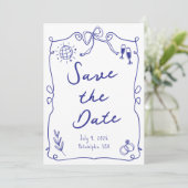 Blauw Whimsical Fun Quirky Hand getrokken bruiloft Save The Date (Staand voorkant)