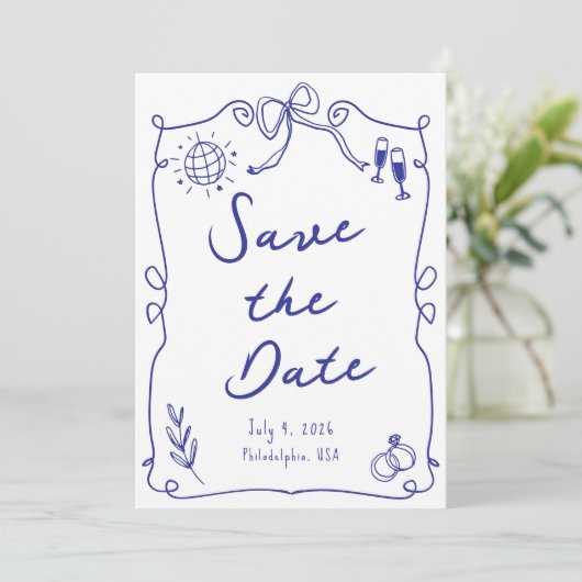 Blauw Whimsical Fun Quirky Hand getrokken bruiloft Save The Date (Staand voorkant)