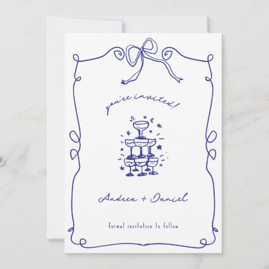 Blauw Whimsical Fun Quirky Hand getrokken bruiloft Save The Date (Achterkant)