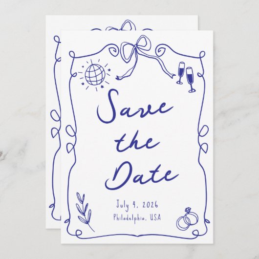 Blauw Whimsical Fun Quirky Hand getrokken bruiloft Save The Date (Voorkant / Achterkant)