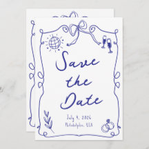 Blauw Whimsical Fun Quirky Hand getrokken bruiloft