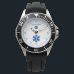 Blauw|White EMT Custom Monogram Watch Horloge<br><div class="desc">Een monogram blauw en wit horloge, met een medisch EMT symbool en een vlek voor de naam van uw gift ontvanger en het monogram van het familienaam initiaal. Een groot geschenk voor iedereen die een EMT/PARAMEDIC of zelfs een brandweerman of vrijwilliger is, of een trots lid van de medische gemeenschap....</div>