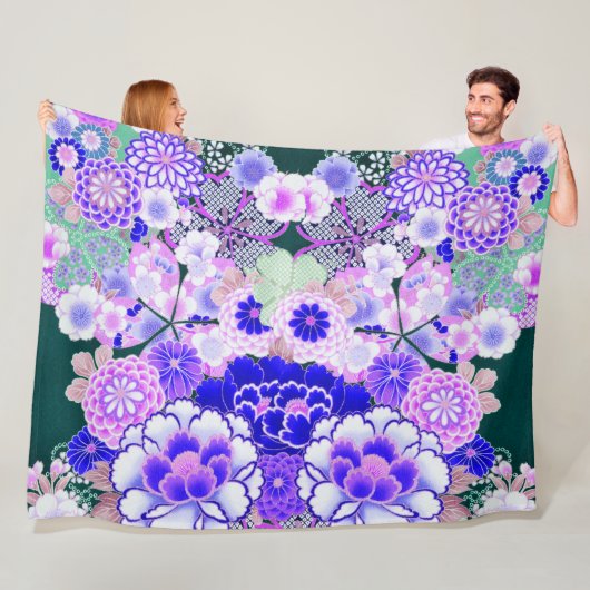 BLAUW WHITE FLOWERS Peony, Rozen Japanse Floral Fleece Deken (In situ)
