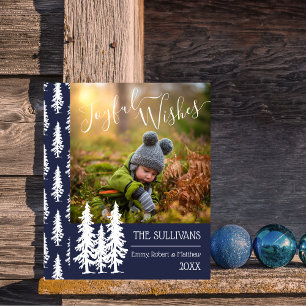 Blauw   White Pine Trees Foto Joyful Wishes Feestdagenkaart