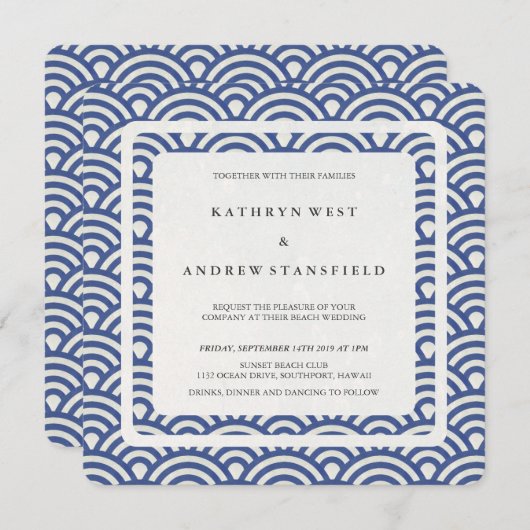 Blauw + White Stylized Waves Modern Beach Wedding Kaart (Voorkant / Achterkant)