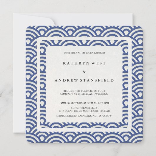 Blauw + White Stylized Waves Modern Beach Wedding Kaart (Voorkant)