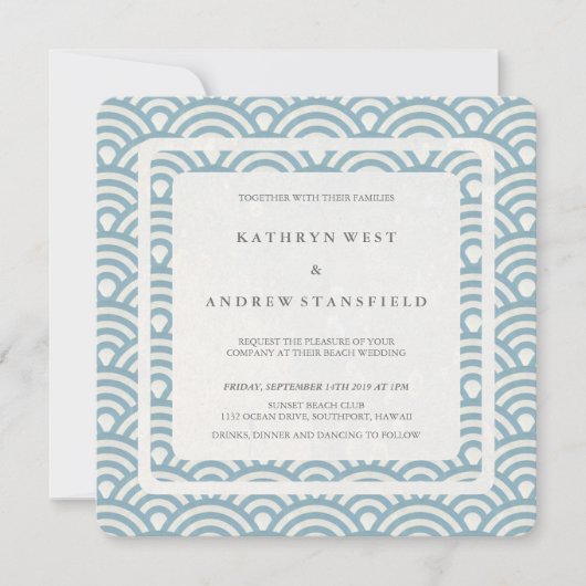 Blauw + White Stylized Waves Modern Beach Wedding Kaart (Voorkant)