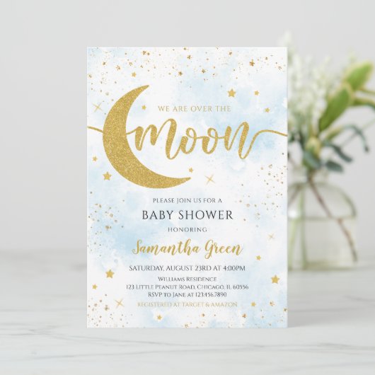 Blauw Wij zijn Over de Maan Baby Shower Kaart (Staand voorkant)