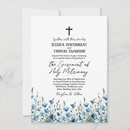 Blauw & Wijze Boho Chic Wildflowers Katholieke bru Kaart (Voorkant)