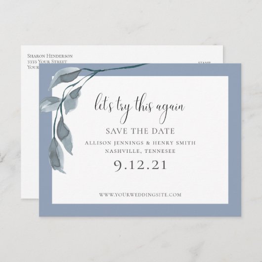 Blauw Wijzig de trouwdatum Bewaar de datum Aankondigingskaart (Voorkant / Achterkant)