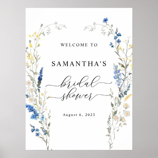 Blauw Wild Floral Dainty Boho Welkomstbord Poster (Voorkant)