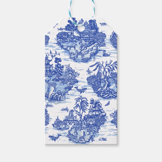 Blauw wild konijn Deer Fox Bird Toile Cadeaulabel (Voorkant)