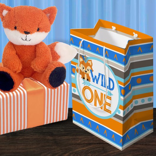 Blauw Wild One Woodland Fox 1e verjaardag geschenk Medium Cadeauzakje