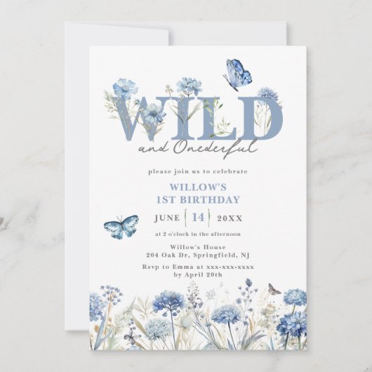 Blauw Wild & Onederful Wildflower 1e Verjaardag Kaart (Voorkant)