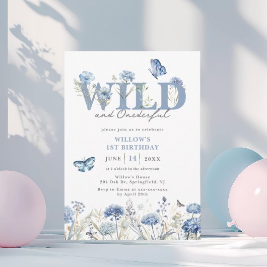 Blauw Wild & Onederful Wildflower 1e Verjaardag Kaart