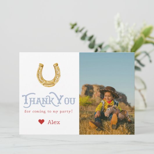 Blauw Wild West Eerste Rodeo Baby Jongen 1e Verjaa Bedankkaart (Staand voorkant)