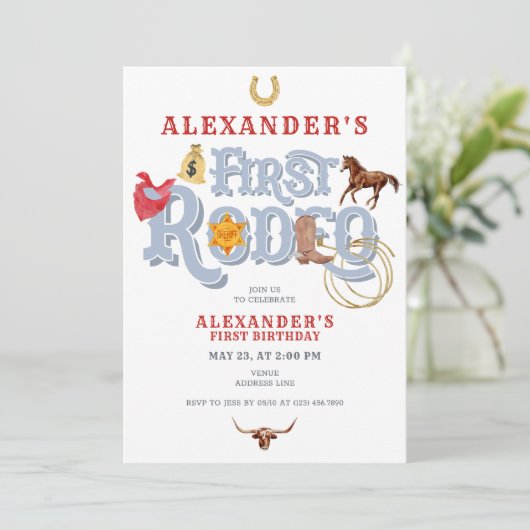 Blauw Wild West Eerste Rodeo Baby Jongen 1e Verjaa Kaart (Staand voorkant)
