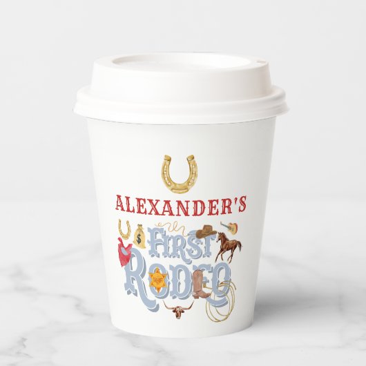 Blauw Wild West Eerste Rodeo Baby Jongen 1e Verjaa Papieren Bekers (Voorkant)