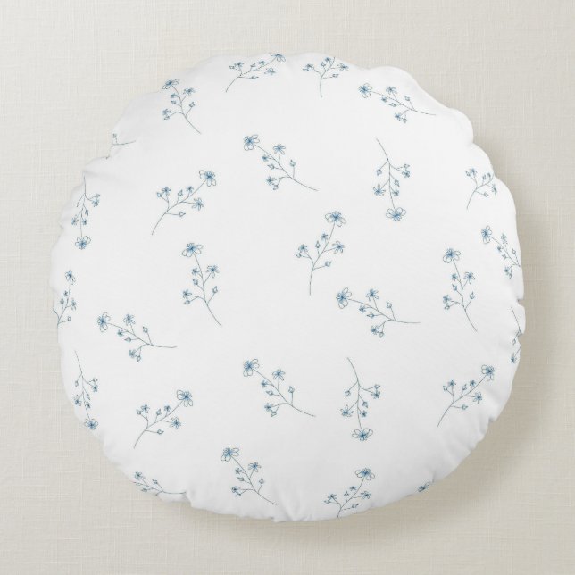 Blauw Wildbloempatroon Rond Kussen (Voorkant)