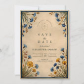 Blauw Wilde Bloemen Bruiloft Vintage Save The Date (Voorkant)
