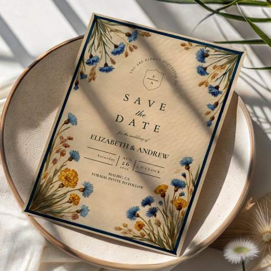 Blauw Wilde Bloemen Bruiloft Vintage Save The Date