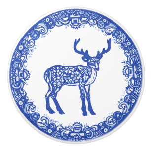 Blauw Wilde Ontwerp Floral Deer Buck Face links Keramische Knop