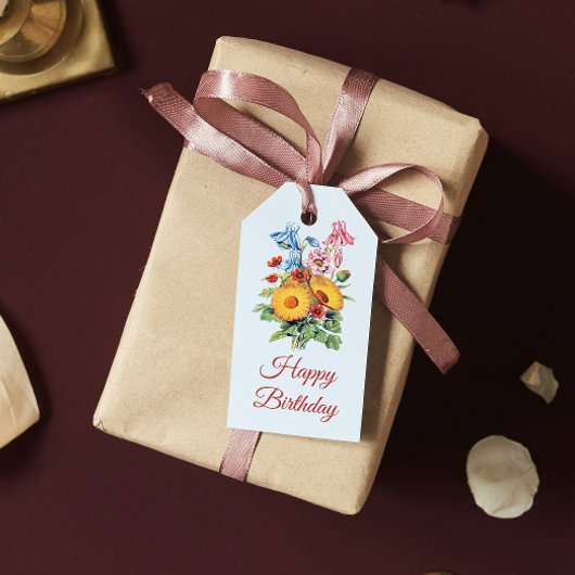  Blauw Wildflower Boeket Happy Birthday Cadeaulabel