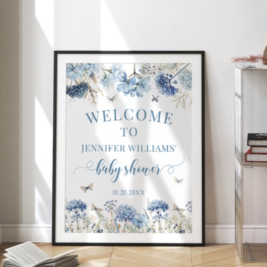 Blauw wildflower vlinder baby shower welkomstbord poster