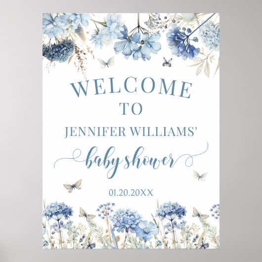 Blauw wildflower vlinder baby shower welkomstbord poster (Voorkant)
