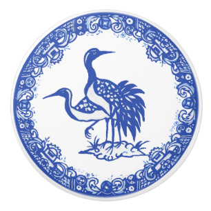 Blauw Wilg Design Floral Crane Paar links Keramische Knop